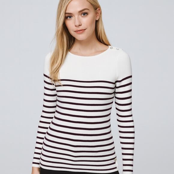 White House Black Market White & Burgundy Striped Lightweight Sweater • Size M - Picture 3 of 8